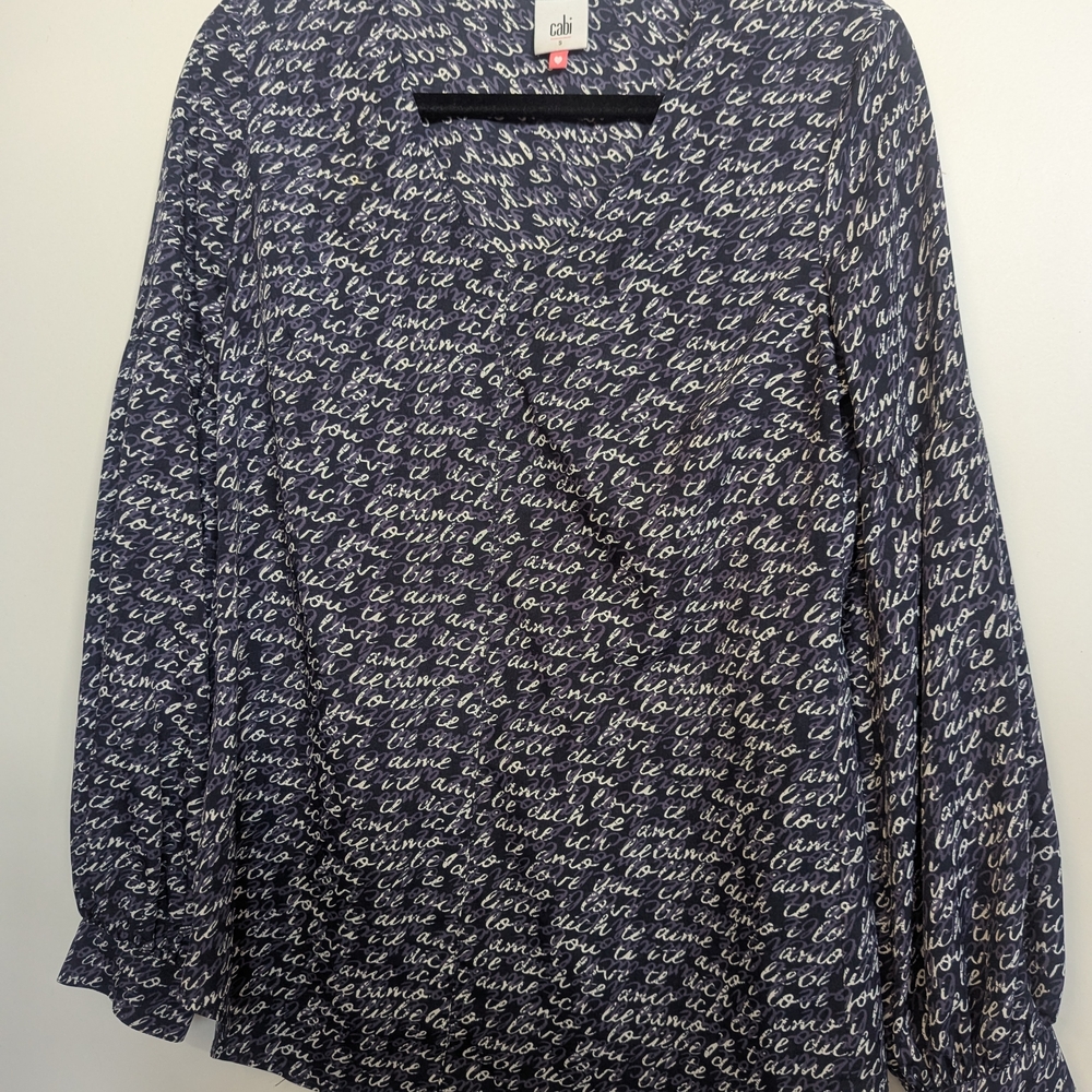 Cabi Navy and White Script Blouse